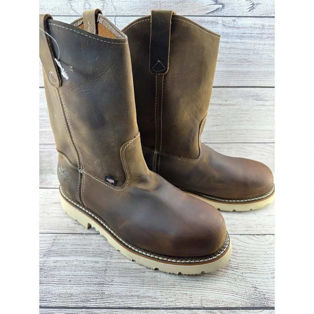 Thorogood USA Pull-On Work Boots Steel Toe EH Wedge Sole Brown Leather Mens 10.5